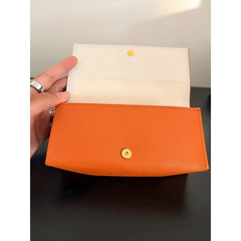 Tory Burch Orange Saffiano Leather Folding Eyeglass Sunglasses Case Gold Logo